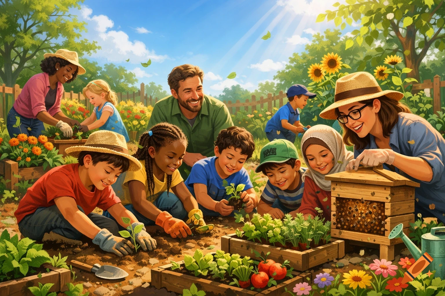 Multicultural children and adults happily garden together, planting seedlings in a vibrant school garden under a sunny sky.
