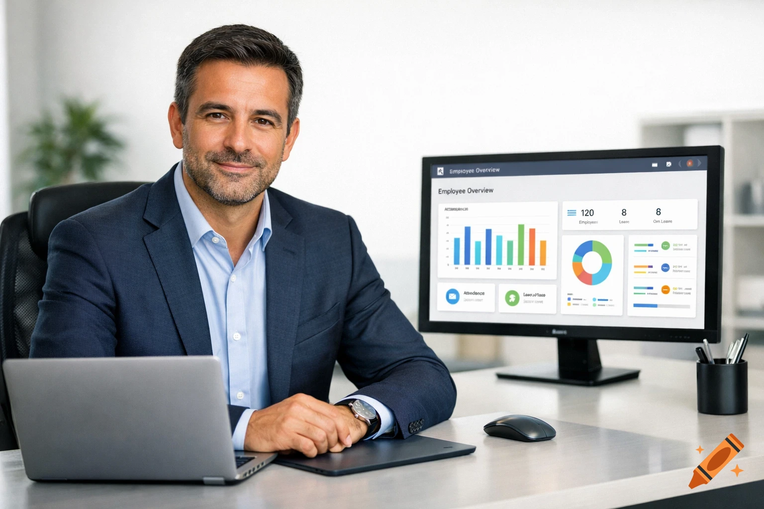 Photorealistic image of a professional man in a suit smiling at his office desk, with a laptop and a monitor displaying HR analytics software.
