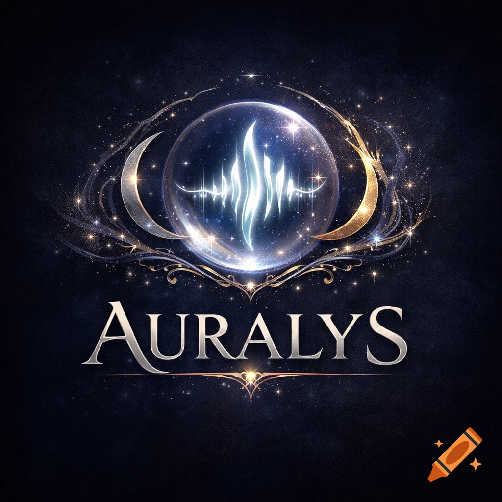 AURALYS logo featuring glowing silver text, a mystical orb with a wave pattern, and crescent moons on a starry background.