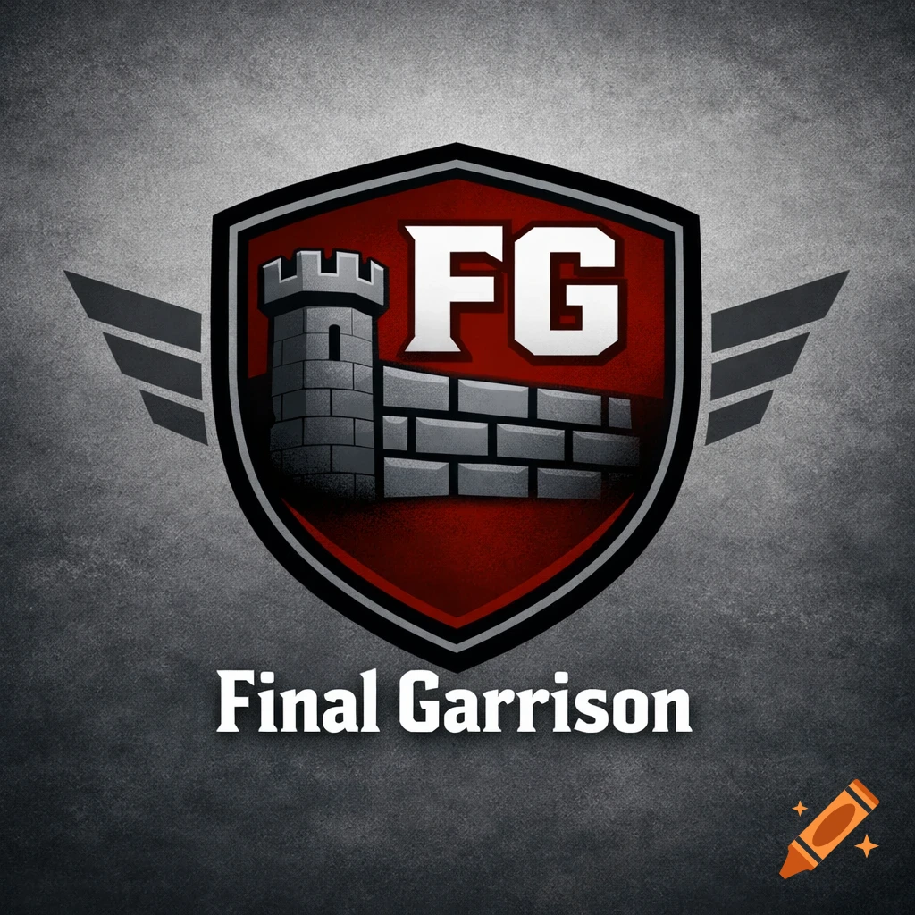 A stylized gaming logo featuring a dark red shield with a gray castle tower, brick wall, white 'FG' letters, and gray wings. Below, the text 'Final Garrison' in white.