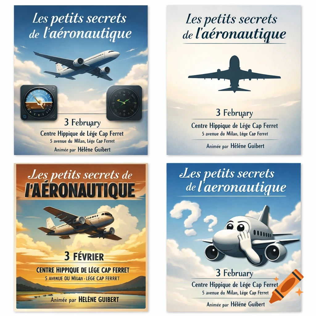 Four colorful poster designs for an aviation conference titled 'Les petits secrets de l'aéronautique', each featuring airplanes, clouds, and event details.