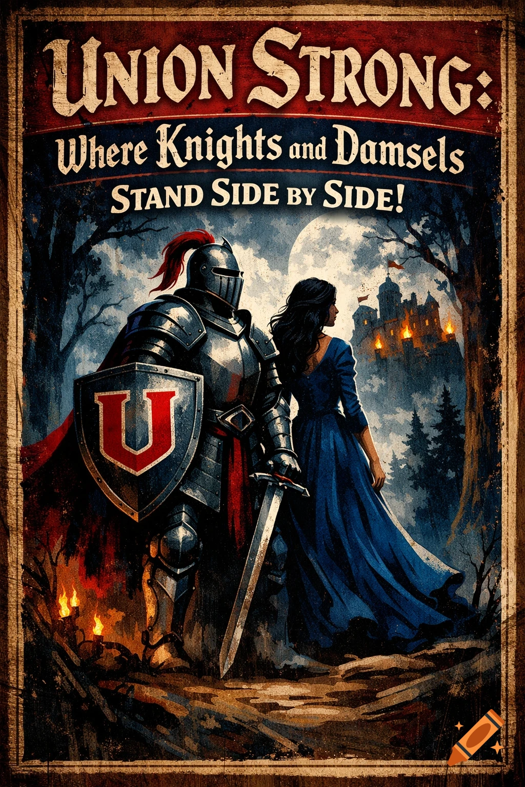 Vintage fantasy poster with a knight and a damsel standing before a castle under a full moon, featuring the text 'Union Strong: Where Knights and Damsels Stand Side by Side!'