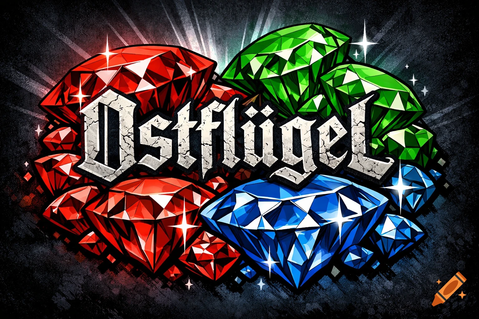 Stylized red, green, and blue diamonds with the word 'Ostflügel' in a cracked font, on a dark background with light rays.