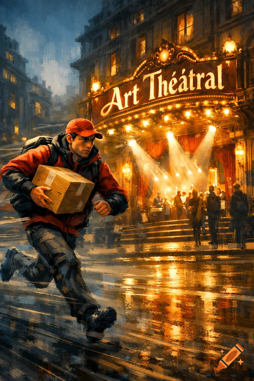 Painterly image of a delivery man running with a package on a wet city street at night, in front of a brightly lit 'Art Th é atal' theater.