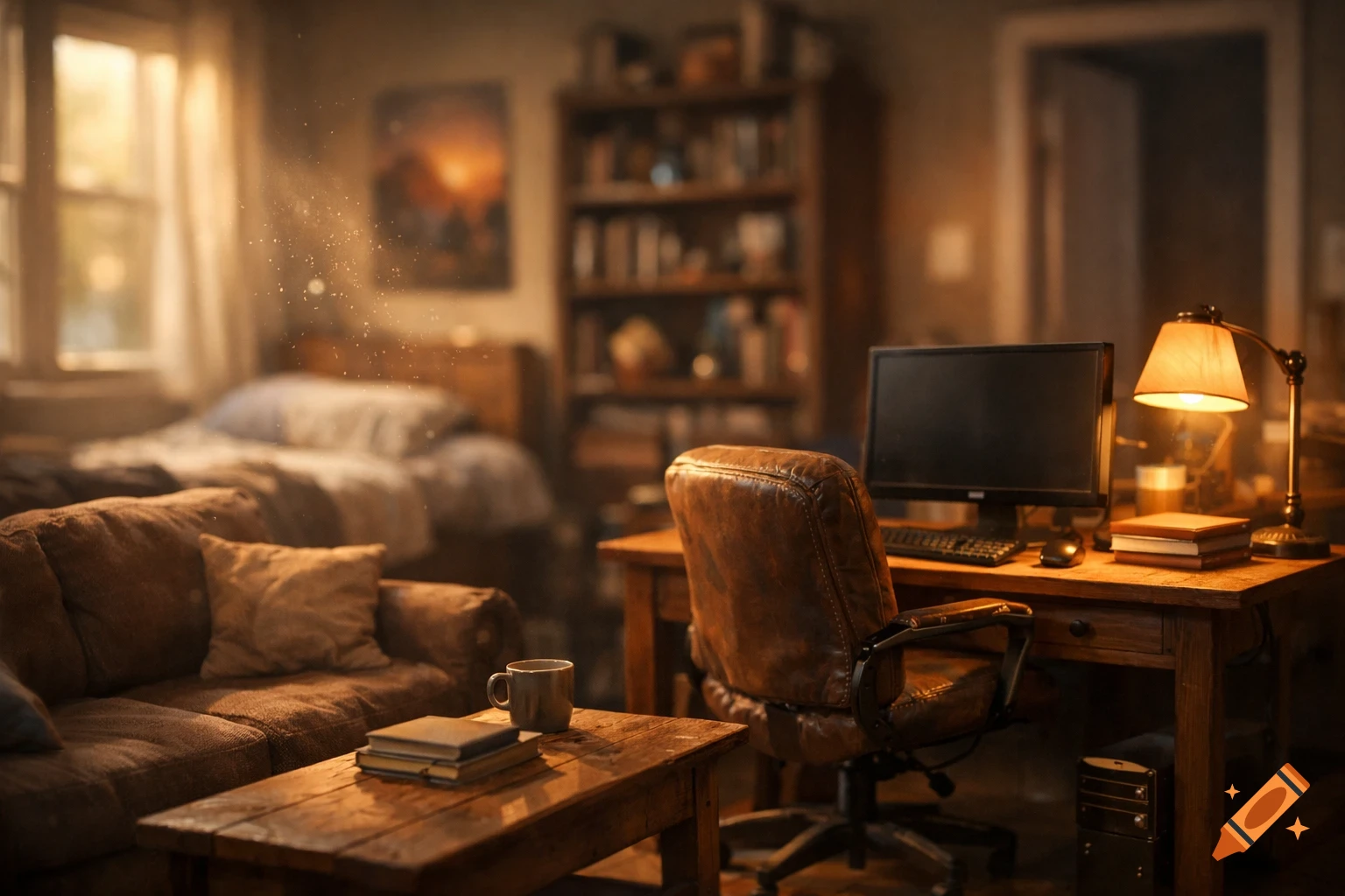 A cozy room with a warm glow, featuring a desk with a computer, a leather chair, a sofa, and a bed in the background.