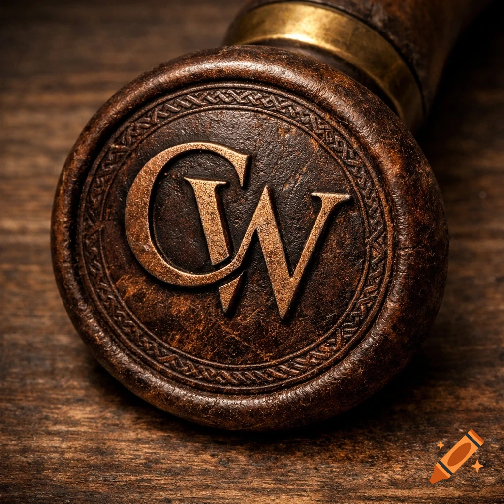 A close-up of a dark brown leather stamp embossed with the initials 'CW' in metallic brass, resting on a rustic wooden surface.