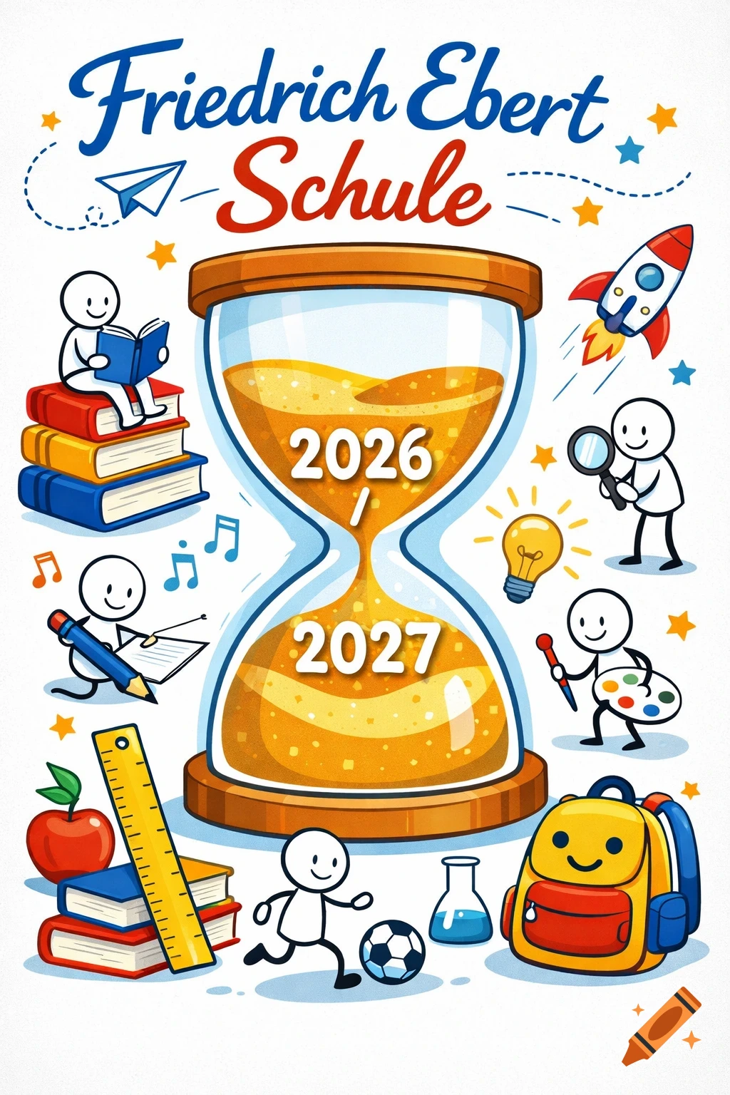 Cartoon illustration for "Friedrich Ebert Schule" with an hourglass showing 2026/2027, stick figures, school supplies, and learning symbols.