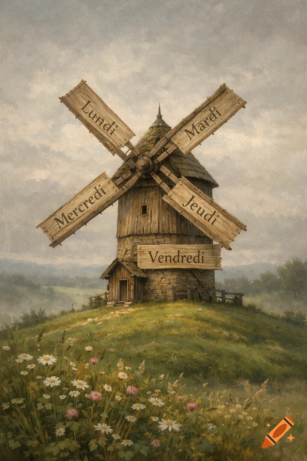 A rustic windmill on a green, flowery hill under a cloudy sky. The windmill blades and a sign read the French days of the week.