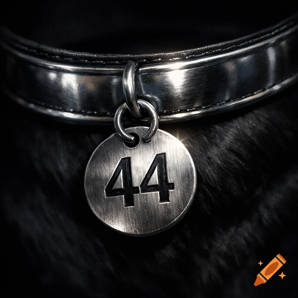 Close-up of a metallic dog collar with a circular tag engraved with the number 44.