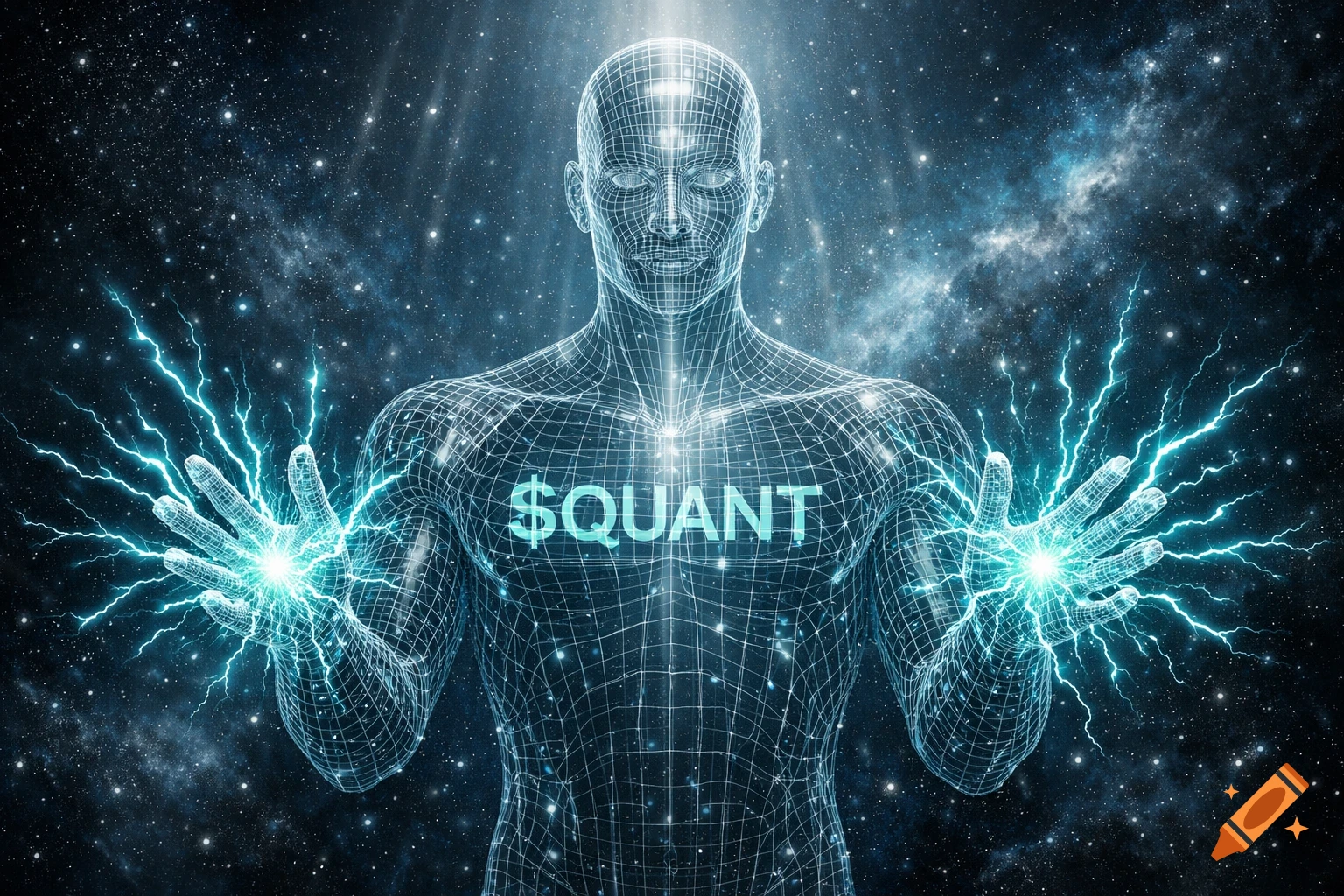 A glowing wireframe humanoid figure floats in space, emitting electric energy from its hands, with "$QUANT" written on its chest.