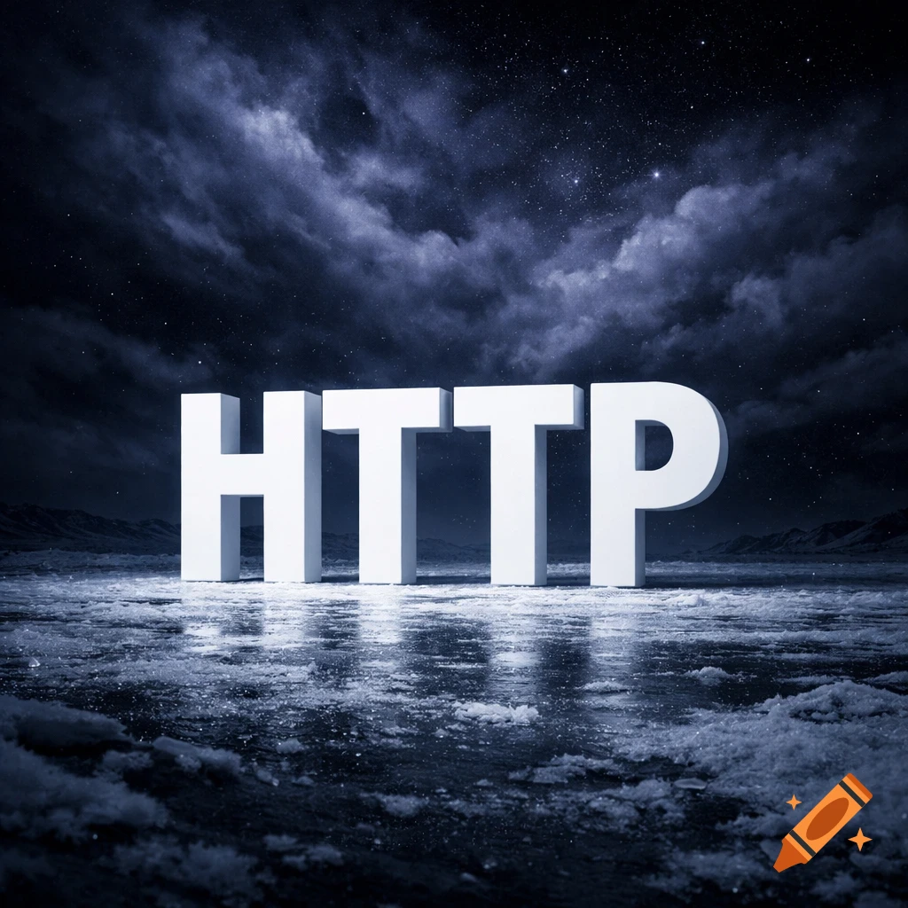Large white HTTP letters on a reflective icy landscape under a dark, cloudy, starry night sky.