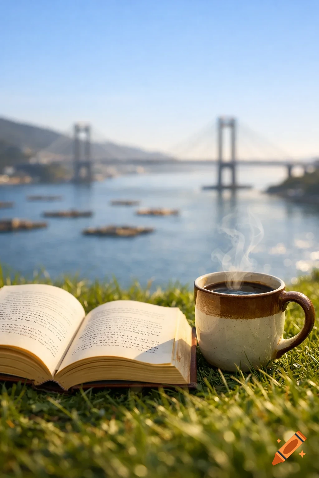 Realistic close-up of an open book and a steaming coffee cup on green grass, with a blurred bridge and river in the background under a clear sky.