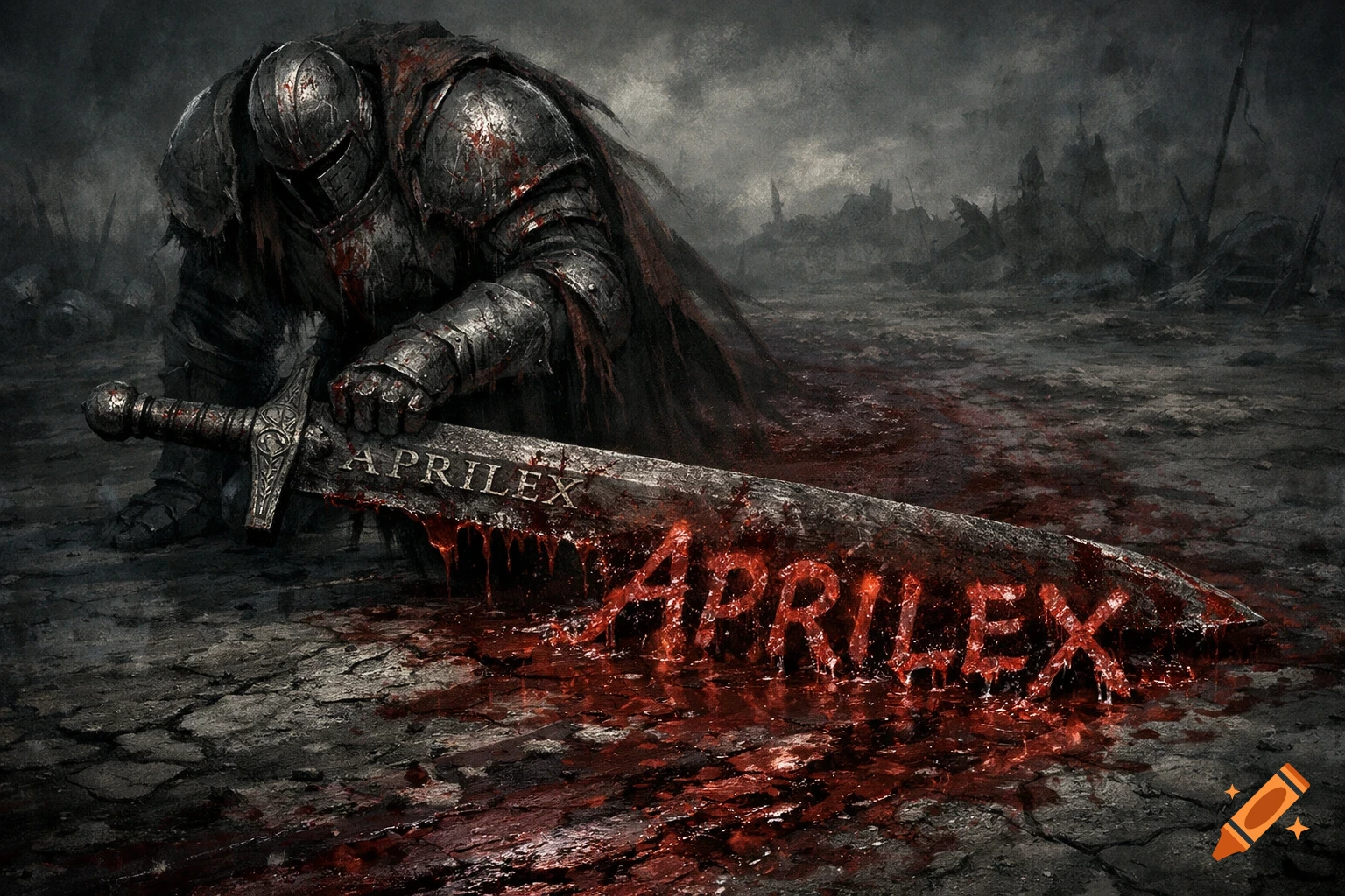 A blood-splattered dark fantasy knight kneels, holding a large bloody sword inscribed 'APRILEX', on a ruined battleground.