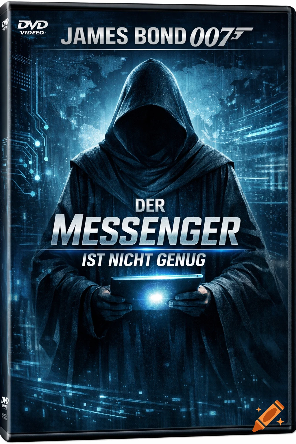 A DVD cover for James Bond 007, featuring a dark hooded figure holding a glowing tablet against a digital blue background.