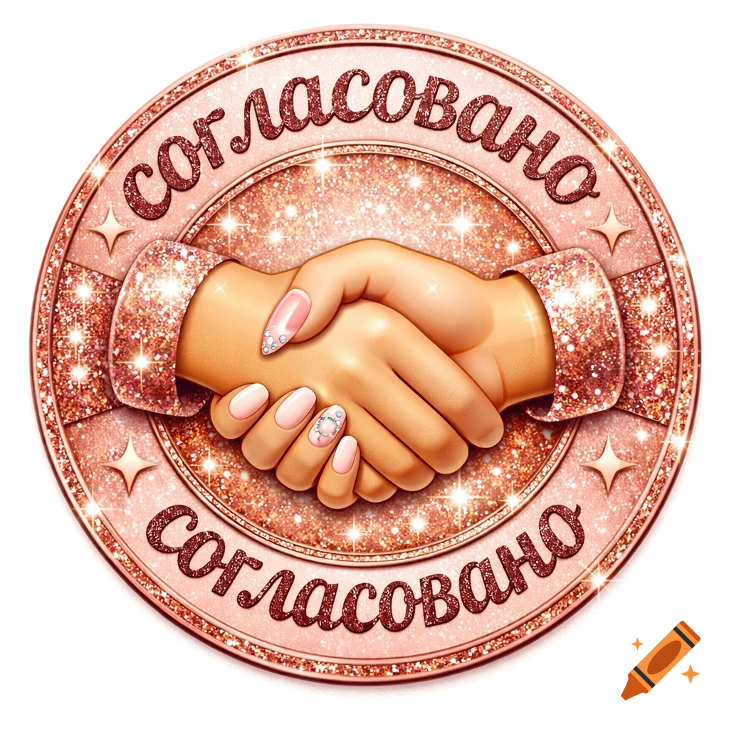 A glamorous rose-gold glittery circular stamp featuring two hands shaking in the center, with the word " H0 " (agreed) written at the top and bottom.