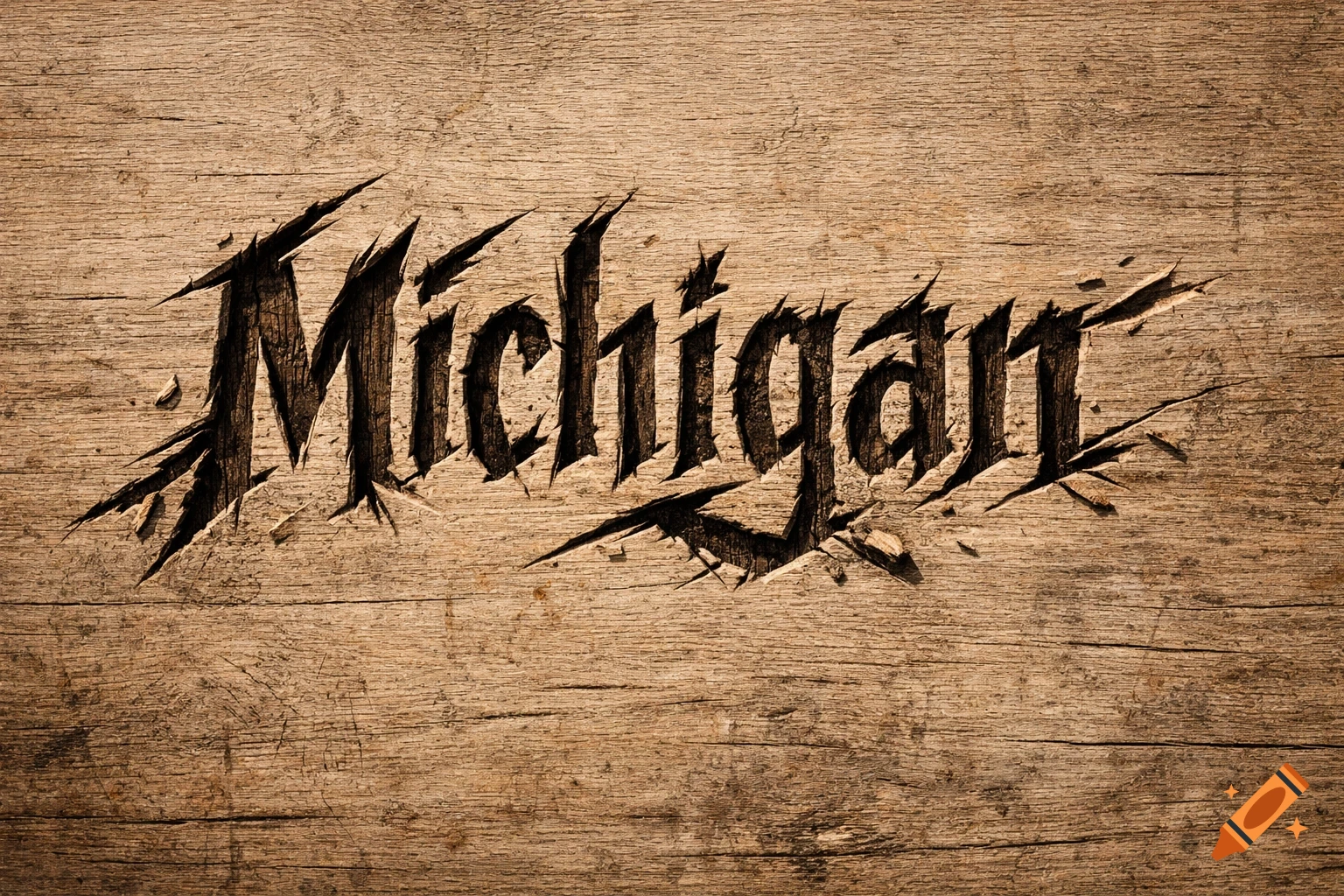 The word 'Michigan' carved into a wooden surface with jagged, claw-like edges.