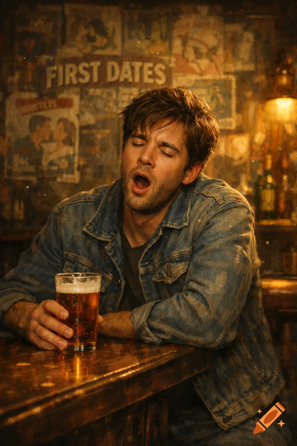 A photorealistic image of a man in a denim jacket, yawning at a bar, holding a beer. Posters are on the wall behind him.