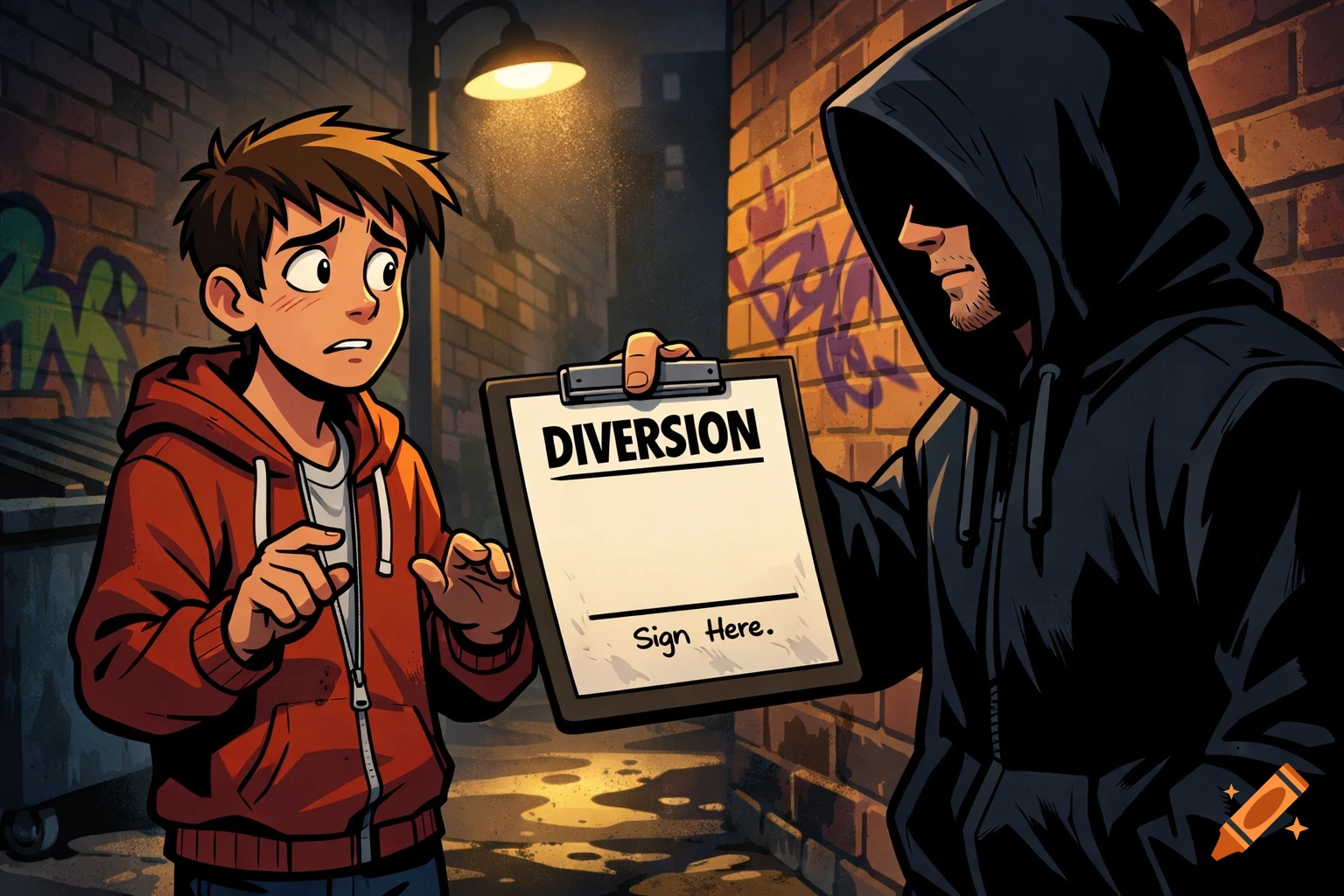 Cartoon of a tense urban alleyway scene where a teenager faces a hooded man offering a clipboard labeled 'DIVERSION'.