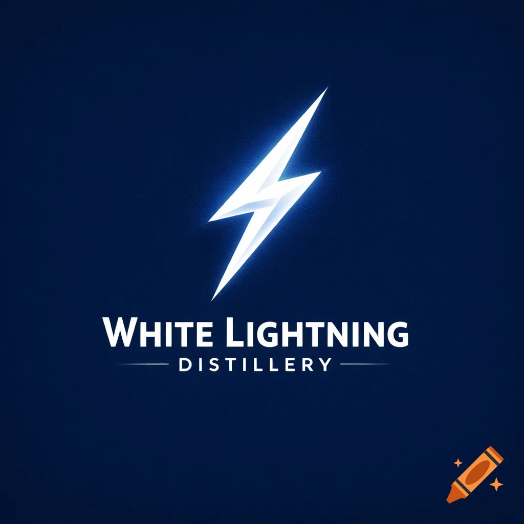 A white lightning bolt logo with glowing edges above the text 'White Lightning Distillery' on a dark blue background.