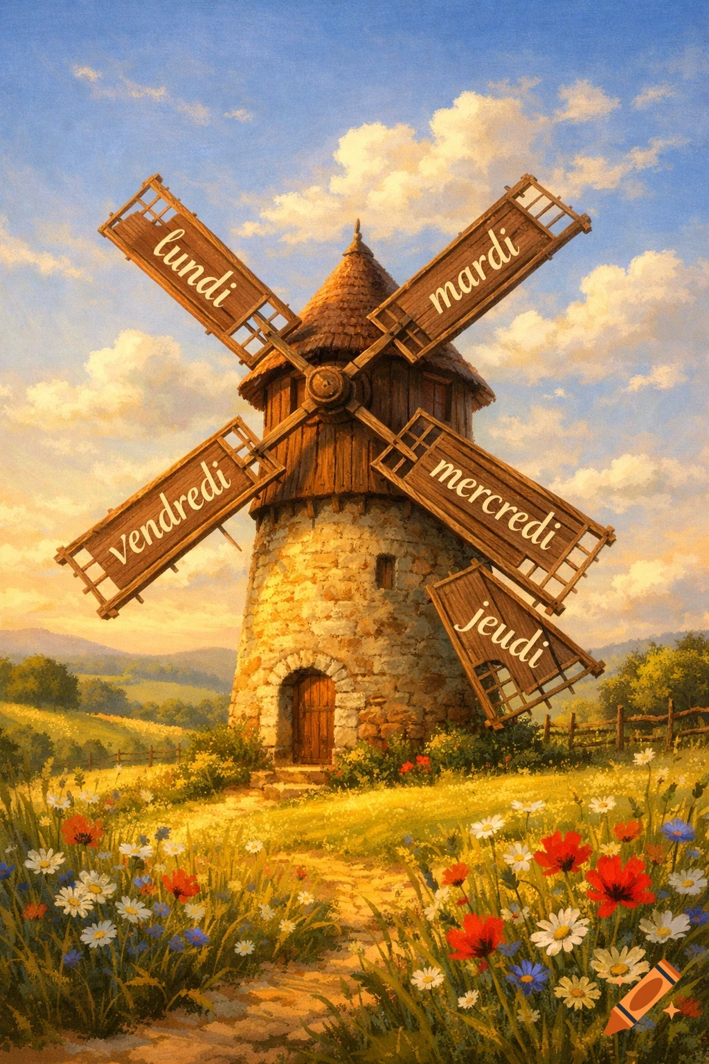 Painted scene of a stone windmill with blades inscribed with French days of the week, standing in a field of colorful wildflowers under a blue sky.