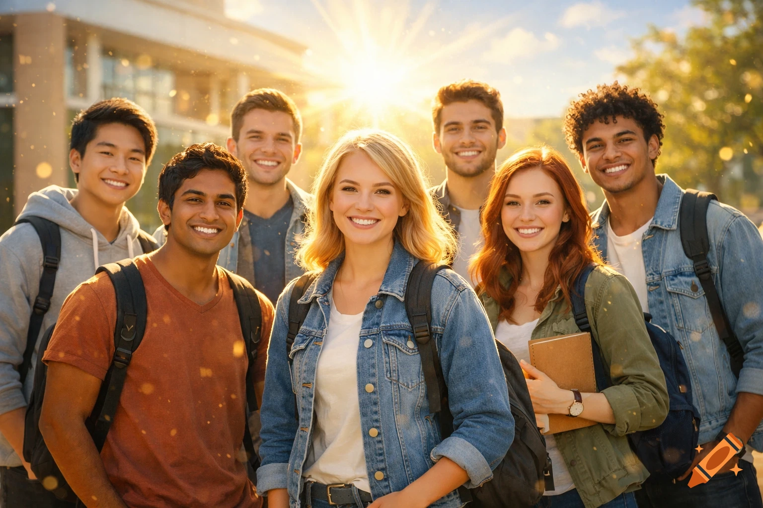 A diverse group of smiling college students with backpacks stand outside in bright sunlight on campus.