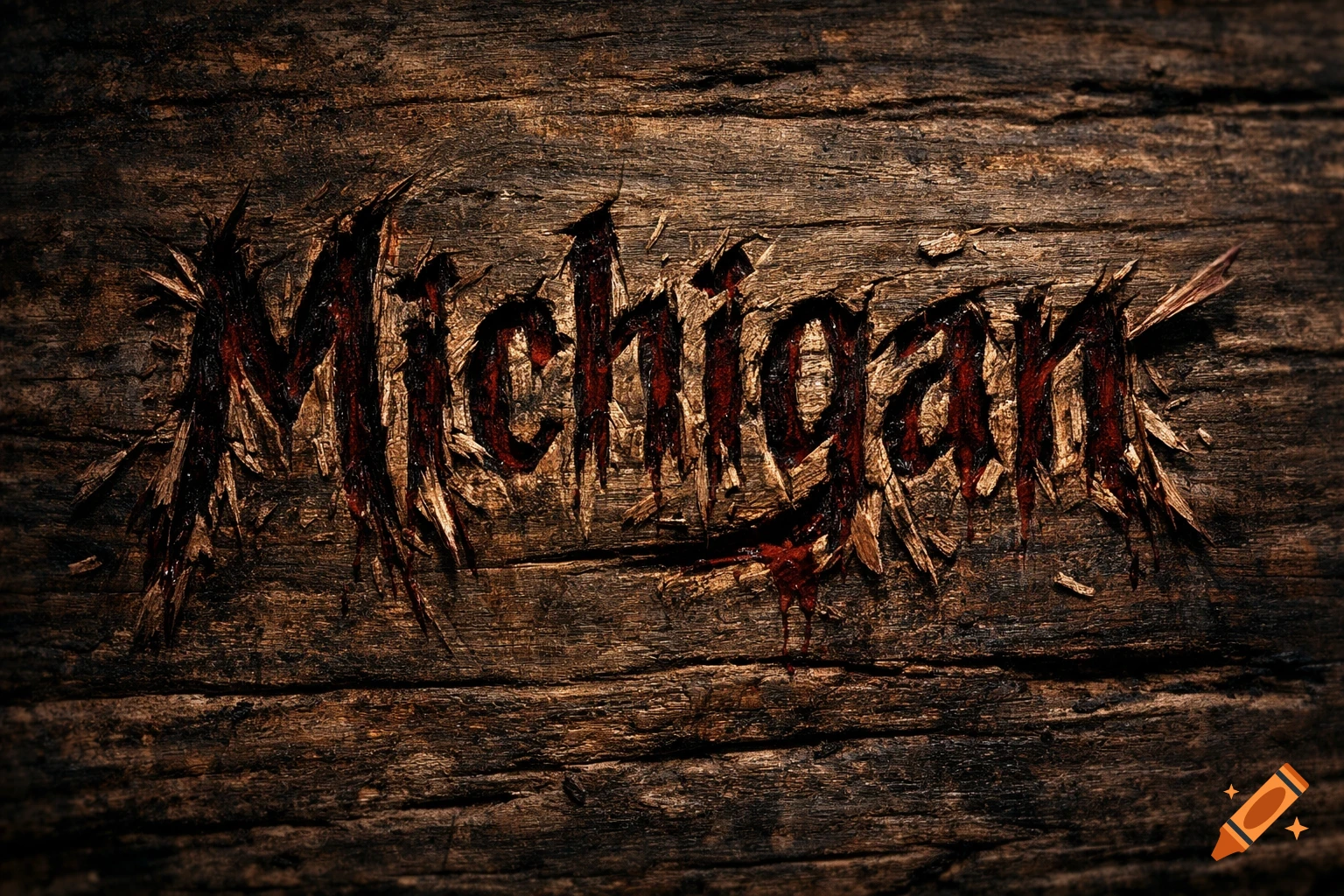 The word 'Michigan' carved into dark, textured wood with jagged edges and red, blood-like accents.