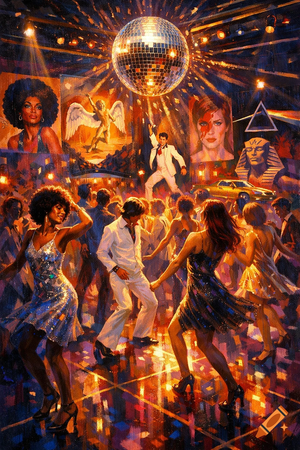 Vibrant painting of a vintage disco scene with dancers, a disco ball, and iconic album covers in the background.