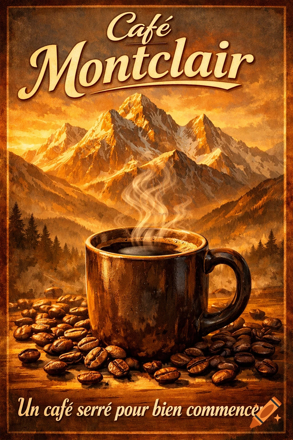 Vintage-style coffee advertisement poster with a steaming mug, coffee beans, and majestic golden mountains at sunrise. Text: Café Montclair.