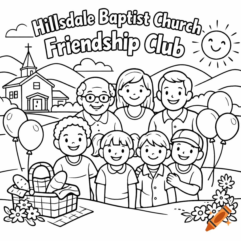 A black and white coloring page featuring a diverse group of adults and children having a picnic with balloons in front of a church, under a smiling sun. Text reads "Hillsdale Baptist Church Friendship Club".