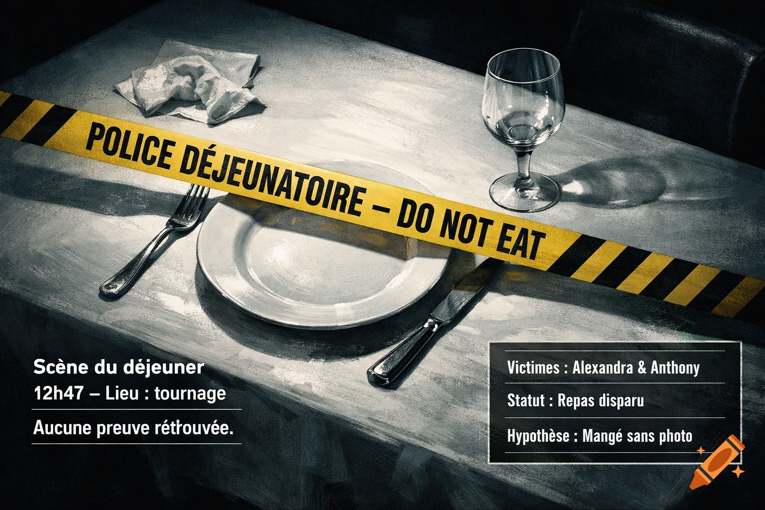 A dramatic, stylized image of an empty dining table with a yellow and black "POLICE DO NOT EAT" tape across it, like a crime scene for a missing meal.