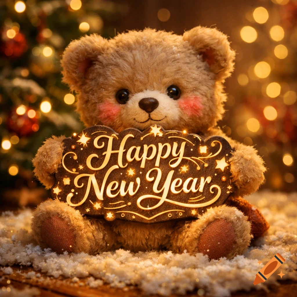 A fluffy teddy bear sits on snowy ground, holding a brown sign that reads 'Happy New Year' with festive lights in the background.