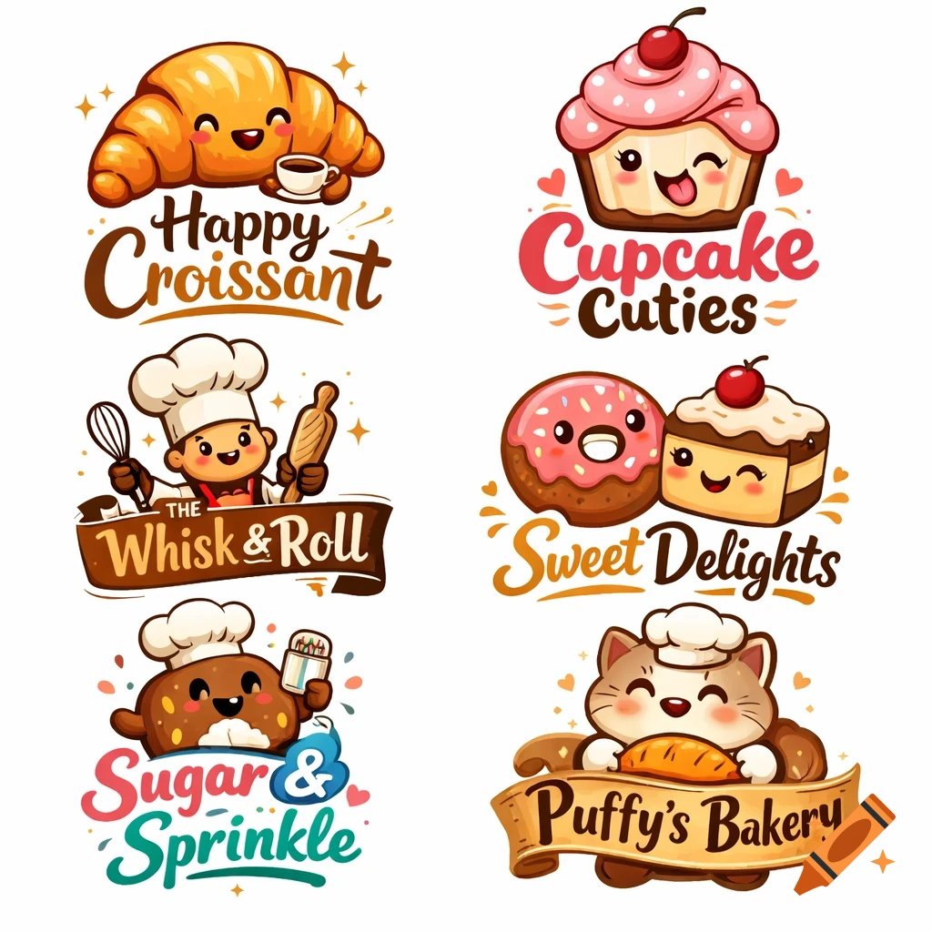 Six cute cartoon logos for bakeries, featuring smiling pastries, a chef with a whisk, and a cat chef.
