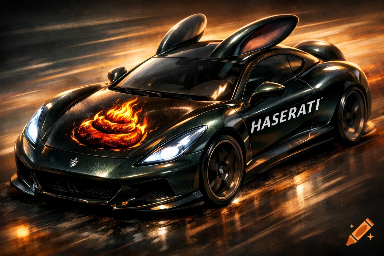 A dark green sports car with bunny ears and a flaming poop logo on the hood, labeled 'HASERATI', speeds on a wet road.