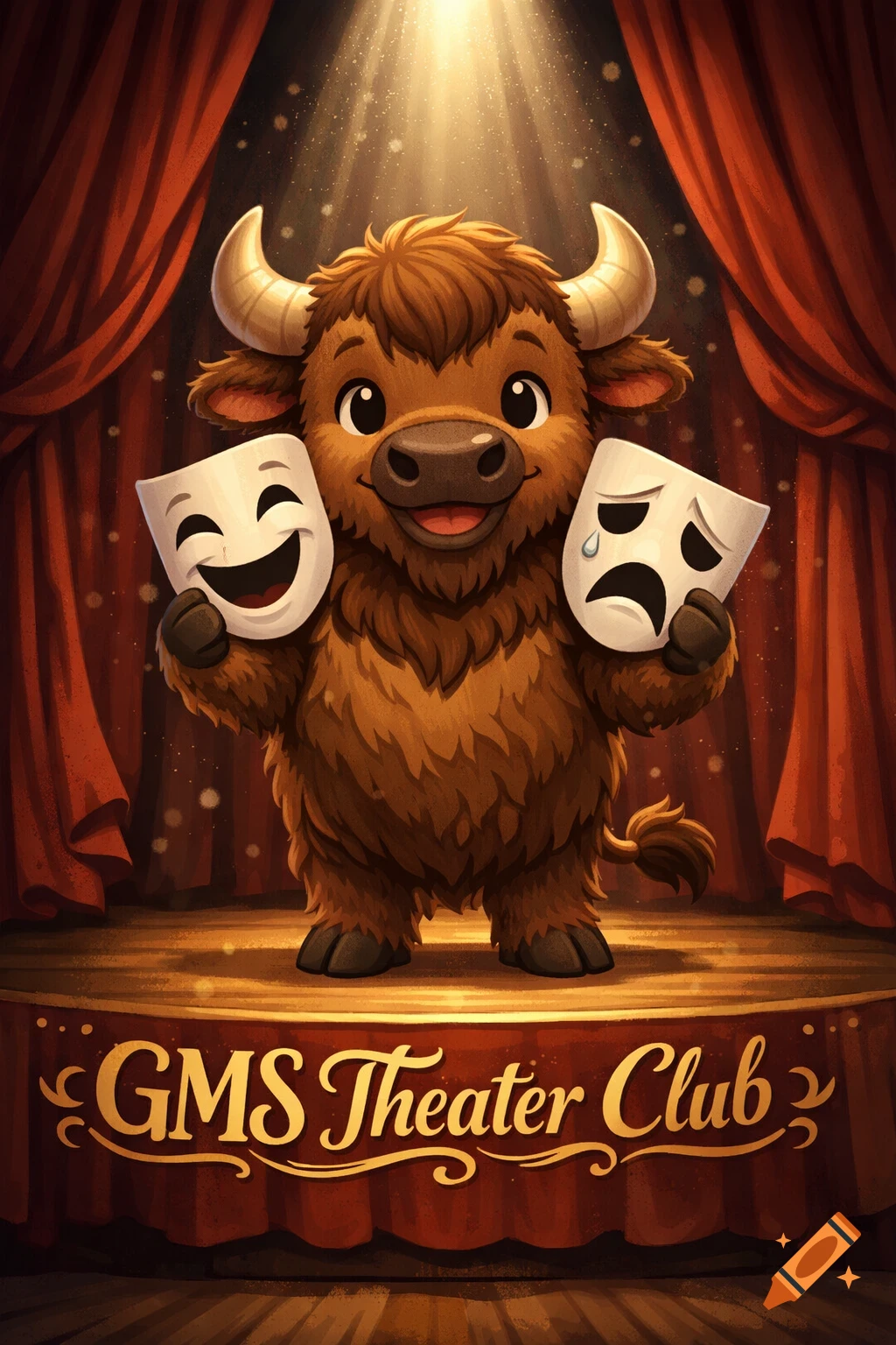Cartoon buffalo on a stage holding happy and sad theater masks, with 'GMS Theater Club' written below, under a spotlight.