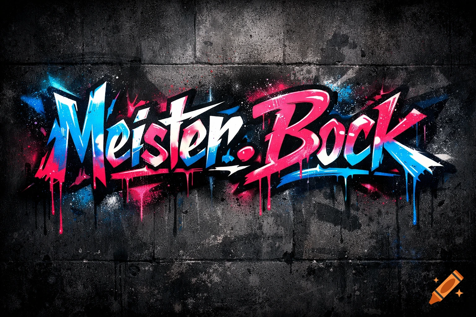 Vibrant graffiti art spelling 'Meister.Bock' in blue and pink with drips and splatters on a dark, textured concrete wall.