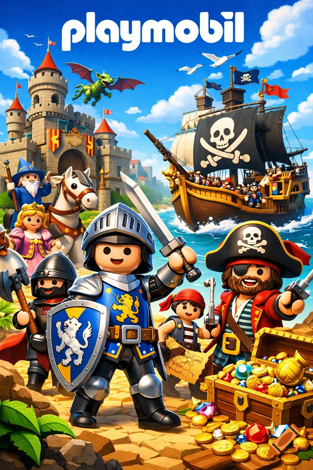 Playmobil figures, including a knight, pirate, wizard, and princess, with a castle, pirate ship, dragon, and treasure chest in a vibrant, illustrative style.