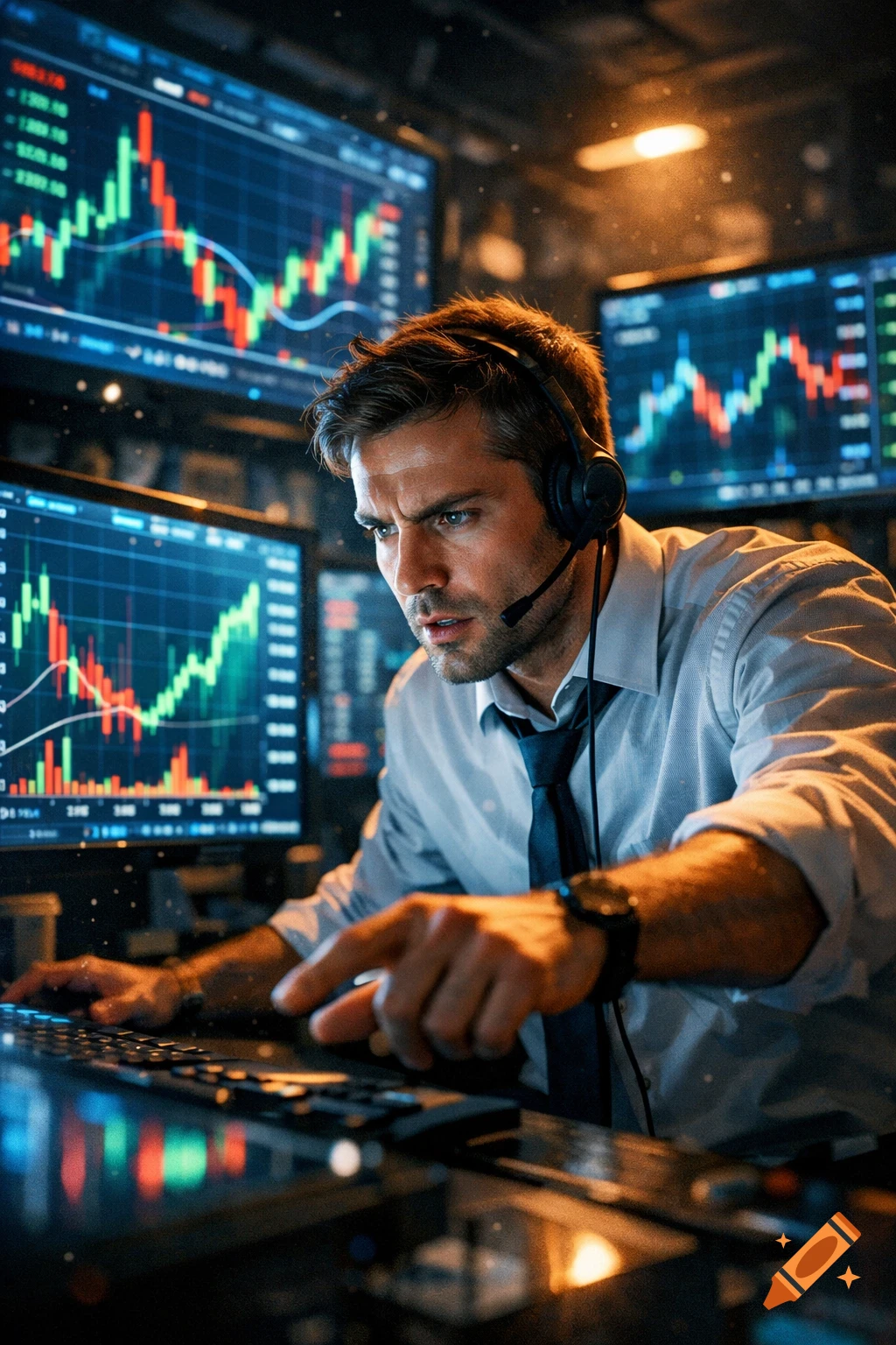 A focused man in a headset looks intently at multiple glowing computer screens displaying financial charts in a dark room.