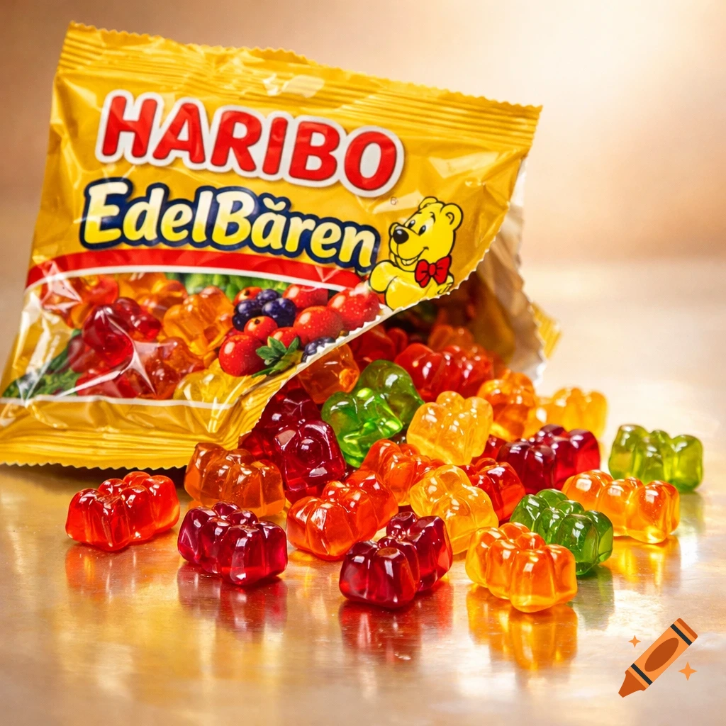 A yellow Haribo EdelB R B R en bag spills red, orange, and green gummy bears onto a shiny surface.