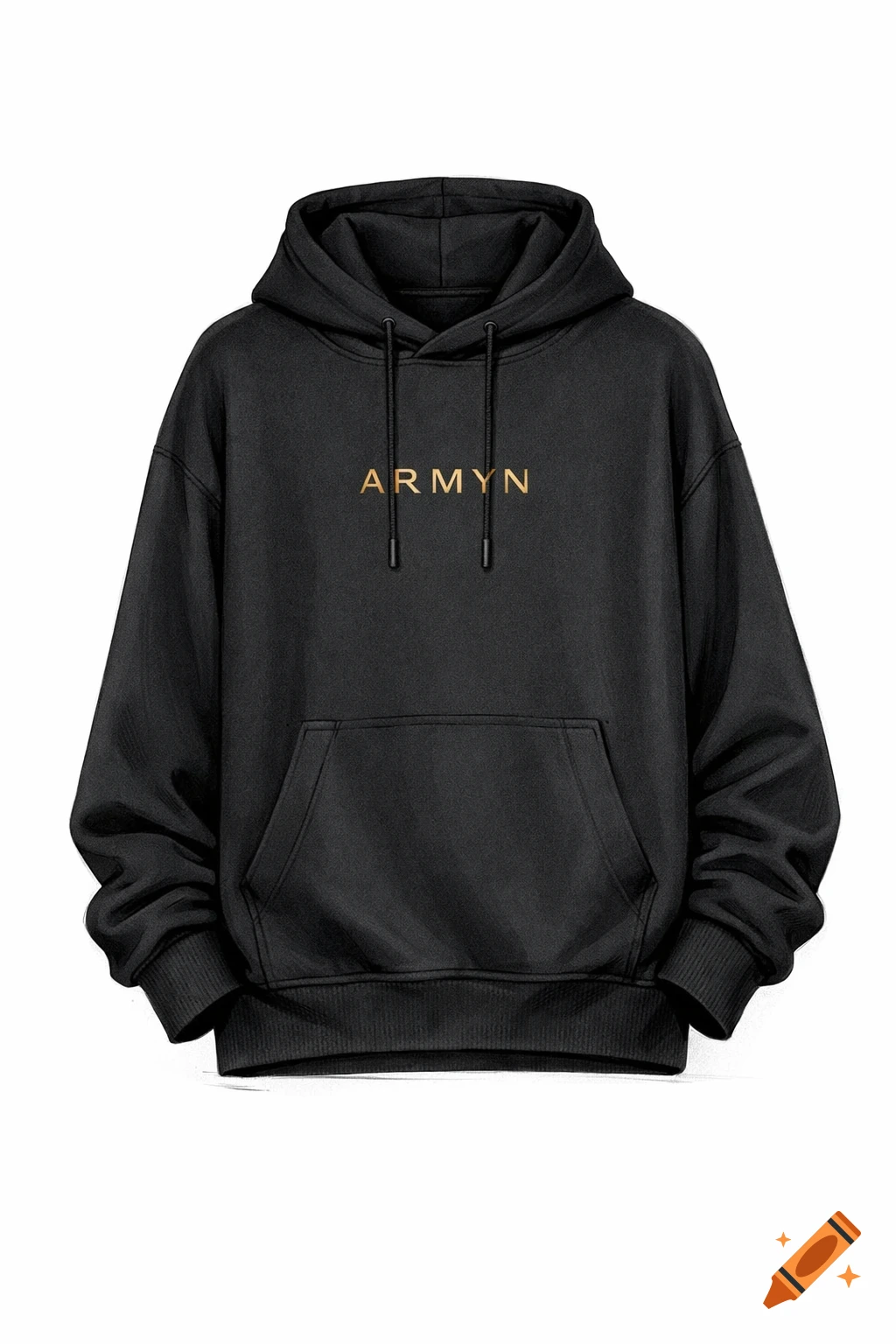 Black oversized hoodie with a subtle gold "ARMYN" logo on the chest, against a white background.