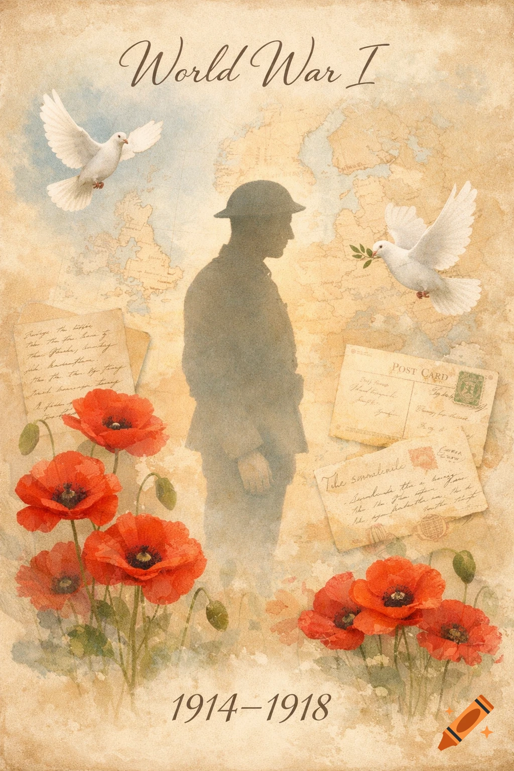 Vintage watercolor collage about World War I with a soldier silhouette, red poppies, white doves, letters, postcards, and a map background. Text reads "World War I" and "1914–1918".