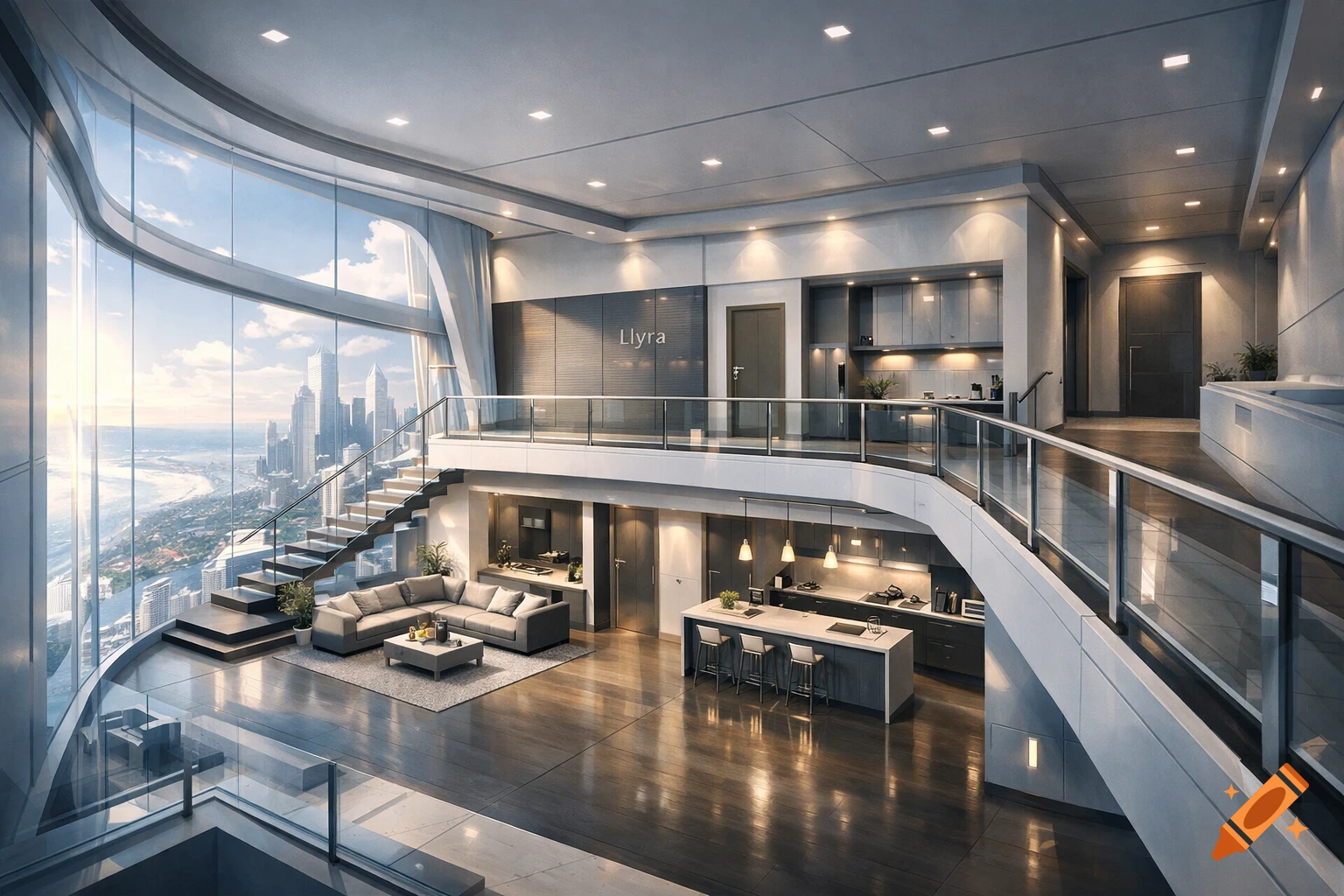 A photorealistic, luxurious two-level modern penthouse apartment with ...