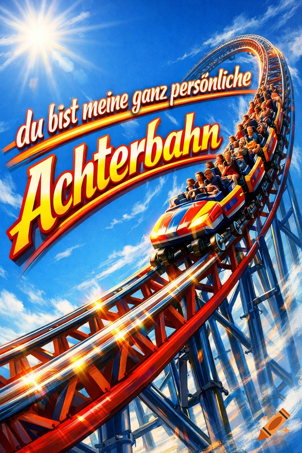 A vibrant illustration of a rollercoaster with red and blue tracks curving upwards under a bright blue sky, with German text that reads "du bist meine ganz persönliche Achterbahn".