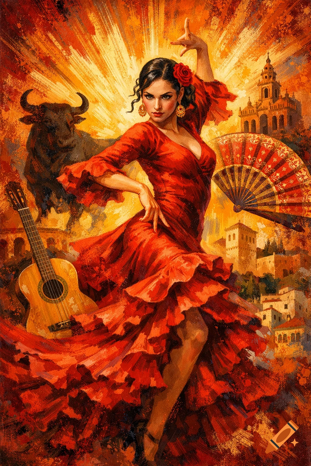 Vibrant painting of a flamenco dancer in a red dress, with a bull, guitar, fan, and Spanish architecture under a radiant sky.