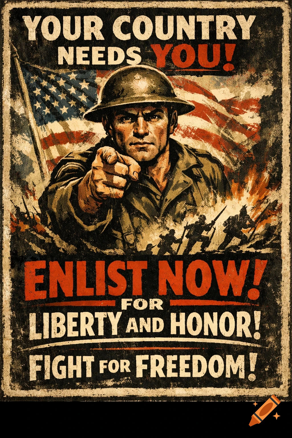 WWI-style propaganda poster of a stern soldier pointing, with an American flag. Text reads: YOUR COUNTRY NEEDS YOU! ENLIST NOW! FOR LIBERTY AND HONOR! FIGHT FOR FREEDOM!