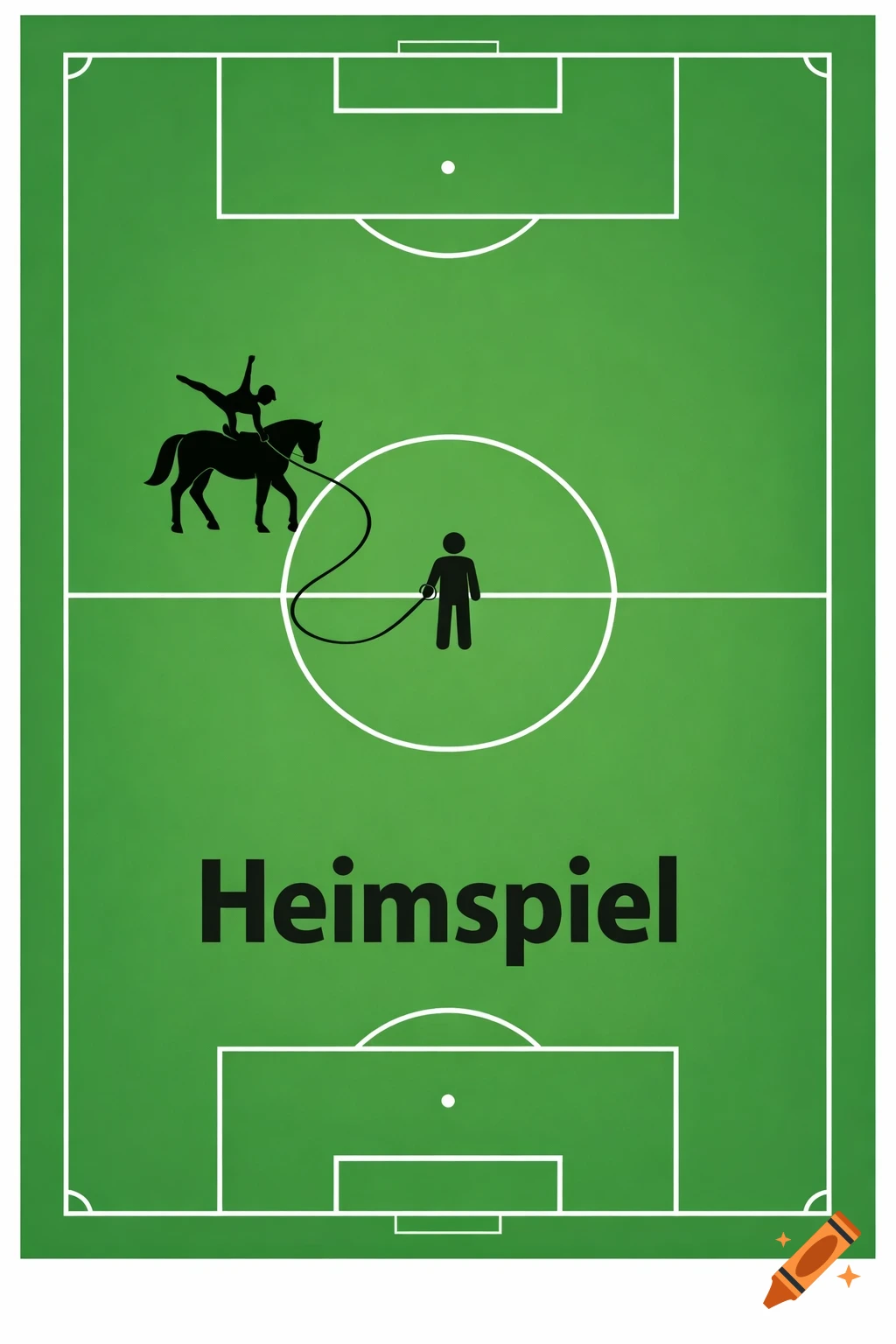 Graphic illustration of a green soccer field with a stick figure on a vaulting horse and another holding a longe. 'Heimspiel' text is at the bottom.