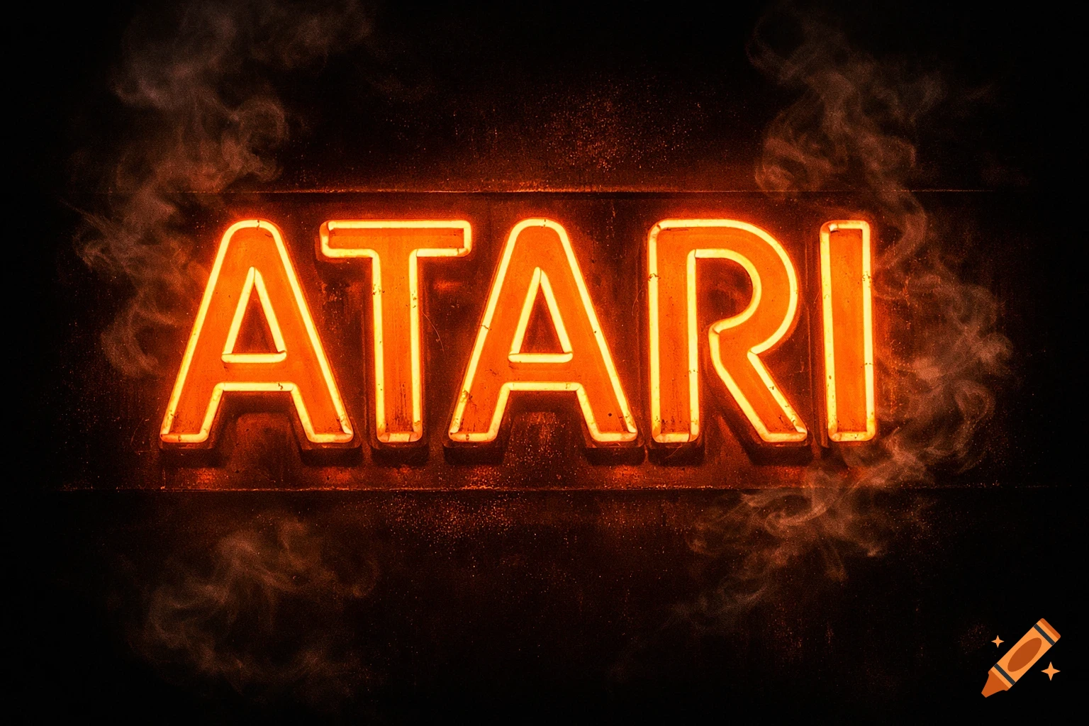 A glowing orange neon sign spelling 'ATARI' on a dark, smoky background.