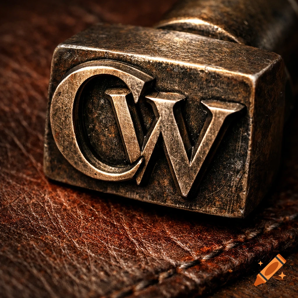 Close-up of an antique-looking bronze leather stamp with the initials 'CW' pressed onto a dark brown leather surface.