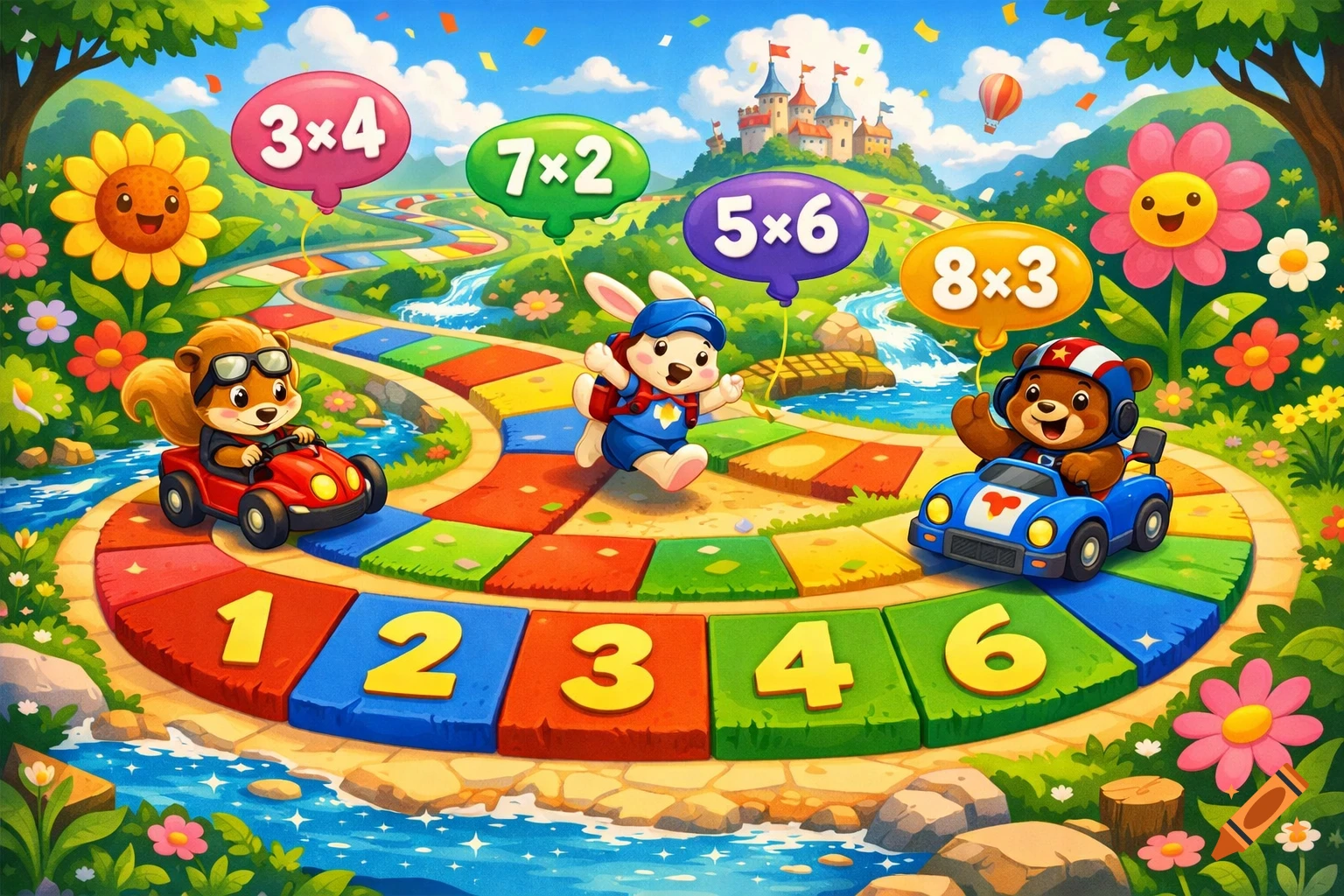 A colorful cartoon board game illustration with animal characters racing, featuring multiplication problems on balloons and numbers on the path.