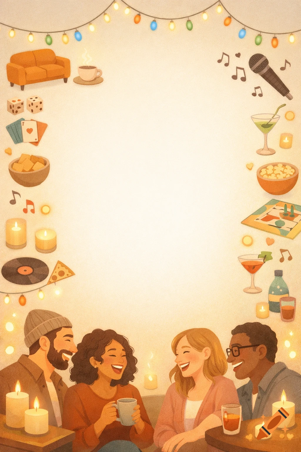 A cozy illustration of diverse friends laughing at a party, framed by fairy lights, candles, drinks, snacks, and games.