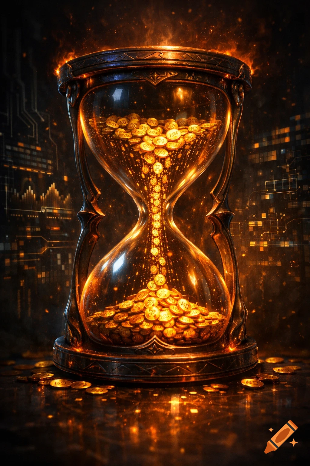A glowing hourglass filled with golden coins against a dark, futuristic background with circuit patterns and glowing embers.